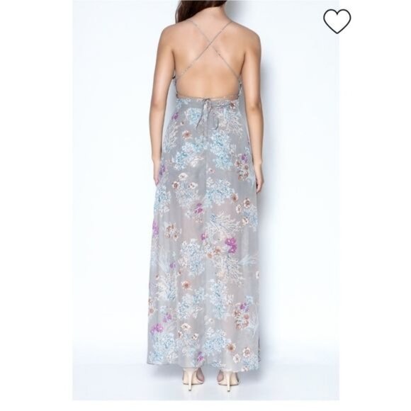 essue Floral Print Gray Maxi Romper Dress With Sheer Overlay Halter Neck Size L - Picture 3 of 16